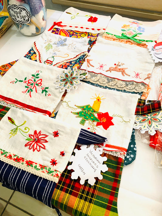 Handmade embroidered Vintage style Christmas stockings (Liberty cotton)