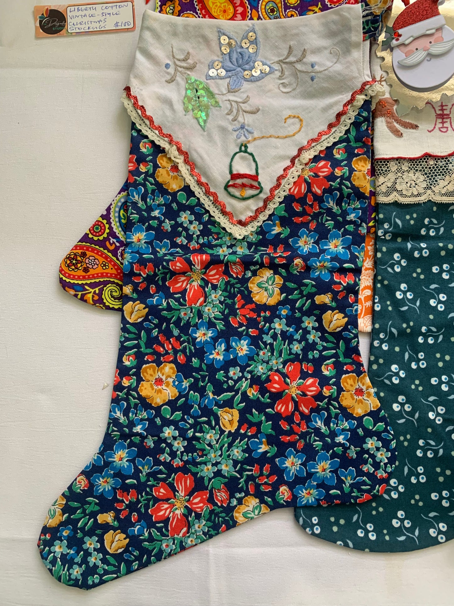 Handmade embroidered Vintage style Christmas stockings (Liberty cotton)
