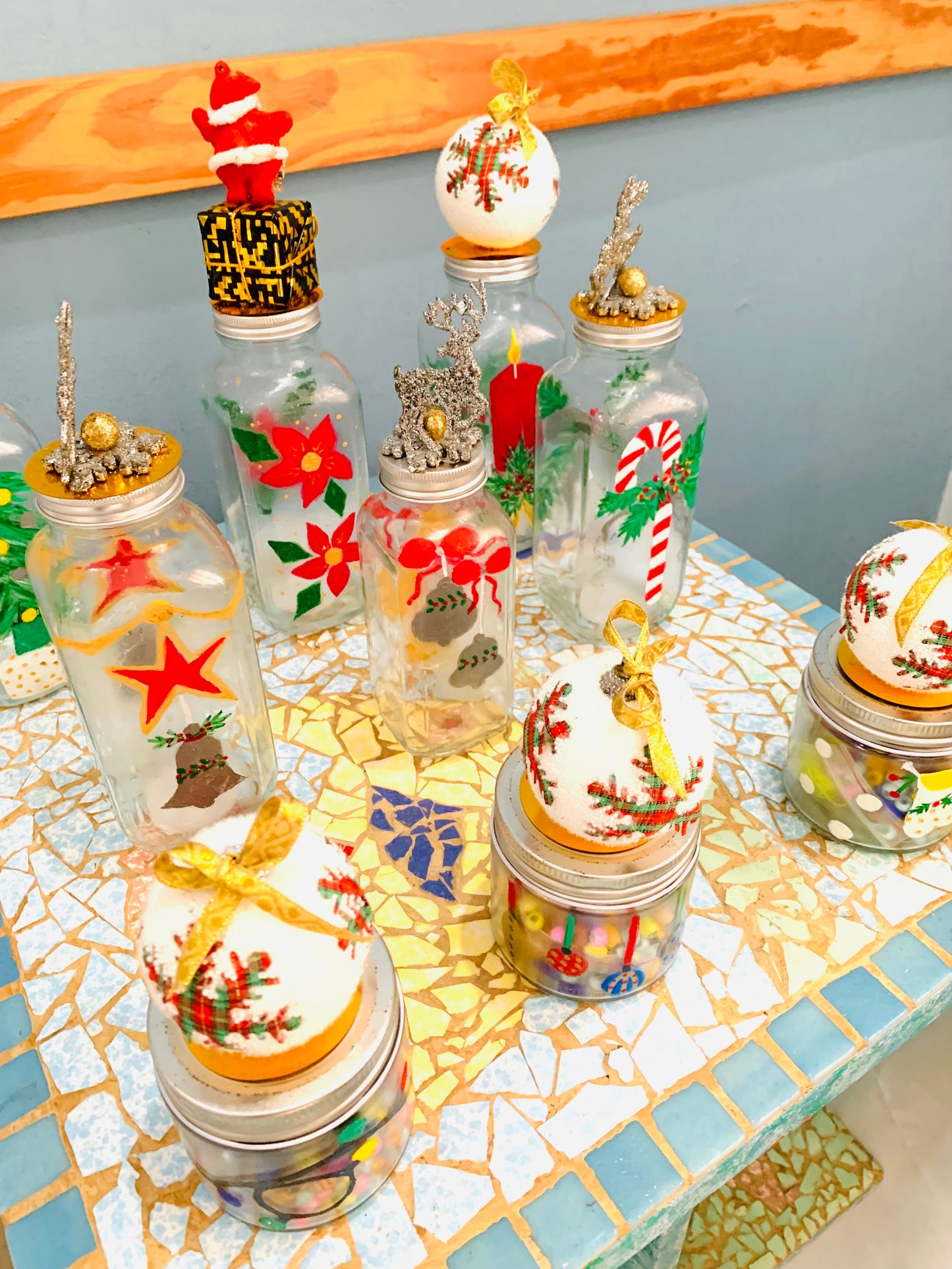 Assorted hand painted glass jars